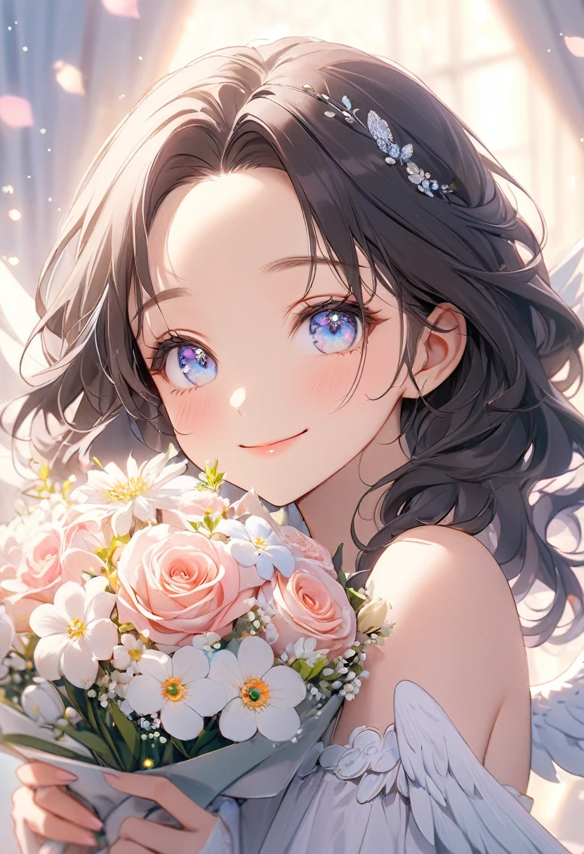 ( best quality:1.2), 1 Girl only, forehead,Solitary, Skin details, Beautiful facial features, fluffy dark hair,Exquisite makeup, Exquisite eyes, Eye detail,she is 20 years old,(((big smiling))).((pastel theme)),kindness,soft focus,white soft lighting,angel,bouquet