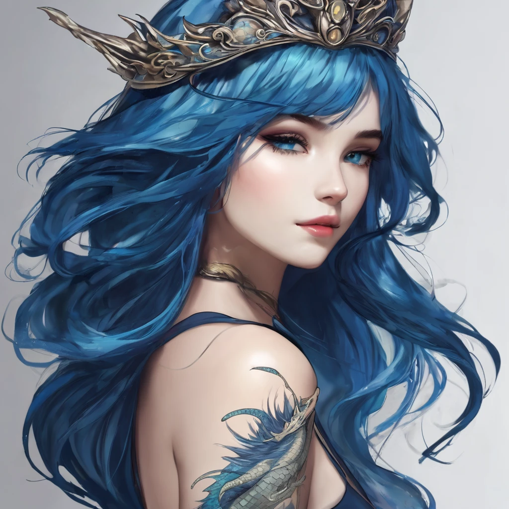 Blue,skyblue, beautiful female, long hair,blue hair,.BREAK. a
Head to waist, tattoo,dragon tattoo, crown,
(Dragon in the background)
Drangon background. Dragon Tattooed,
A beautiful lady wearing formal gown in blue and gold color with a tattoo name 'RIIID' in her chest.she wearing a black crown and in the background there's a dragon with futuristic elements