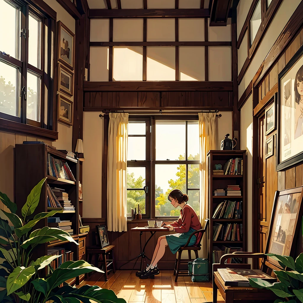 Room with records Vintage Nostalgic Woman sitting by the window Coffee