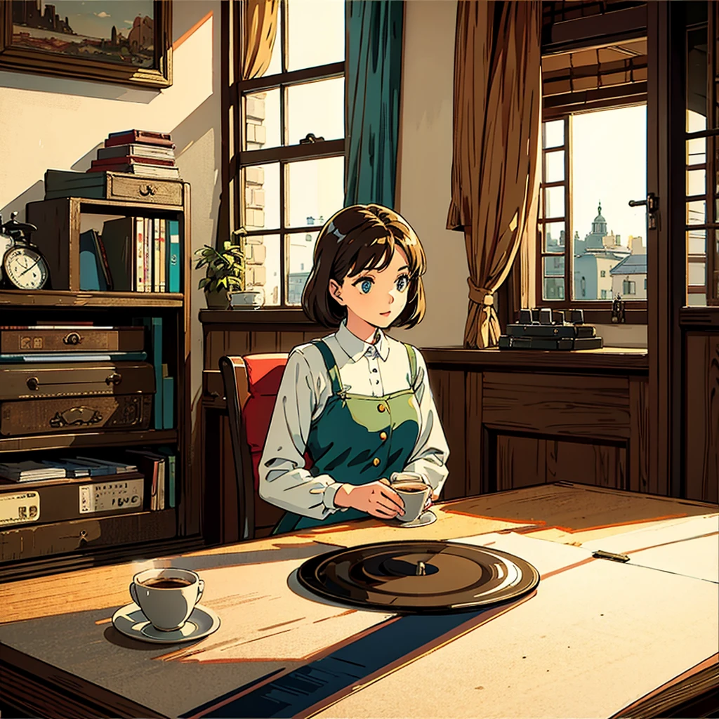 Room with records Vintage Nostalgic Woman sitting by the window Coffee