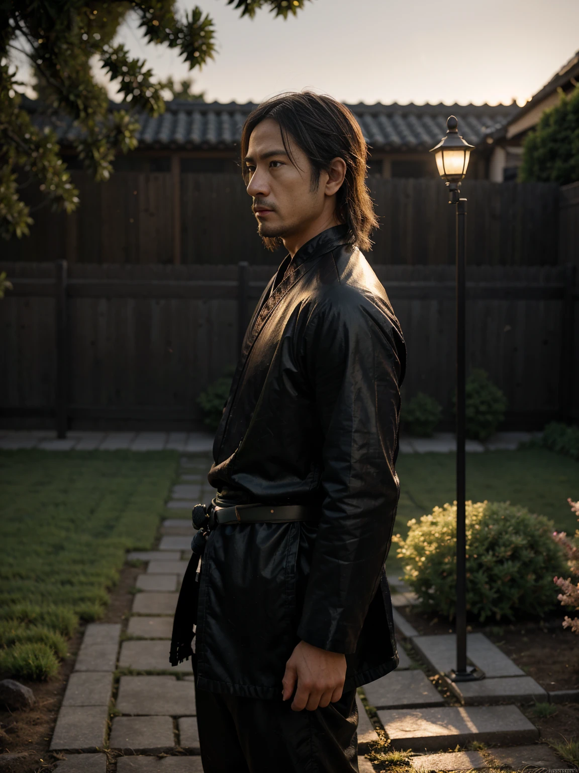 The old samurai standing alone in his garden, looking up at the now distant kite fading into the sky. The scene is bathed in the soft light of twilight, with the samurai’s face reflecting a mix of sadness and peace. The garden around him is quiet, with the colors of the sky softly blending into the background.
Lighting: Soft, twilight light with gentle, ambient illumination, creating a tranquil, reflective mood.
Depth of Field: Shallow depth of field to focus on the samurai and his expression, with the background gently blurred to emphasize his solitary moment of reflection.