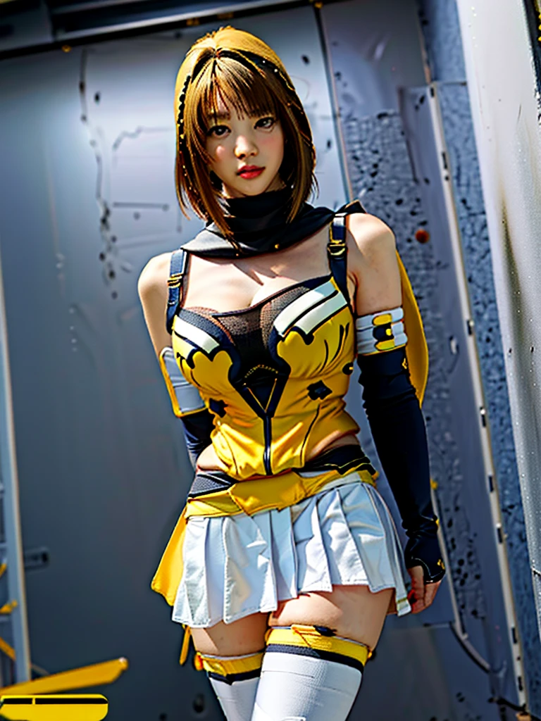 (Ultra extreme detailed),(masterpiece),(Ultra extreme),(Realistic),CG,Lastration,novel iLastration,1 Girl,Takamori_Haruka,Ninja,White mini skirt, Yellow cloth,White legwear,,Hypno Lola,Hollow Eyes,(Futuristic research facility interior:1.4),