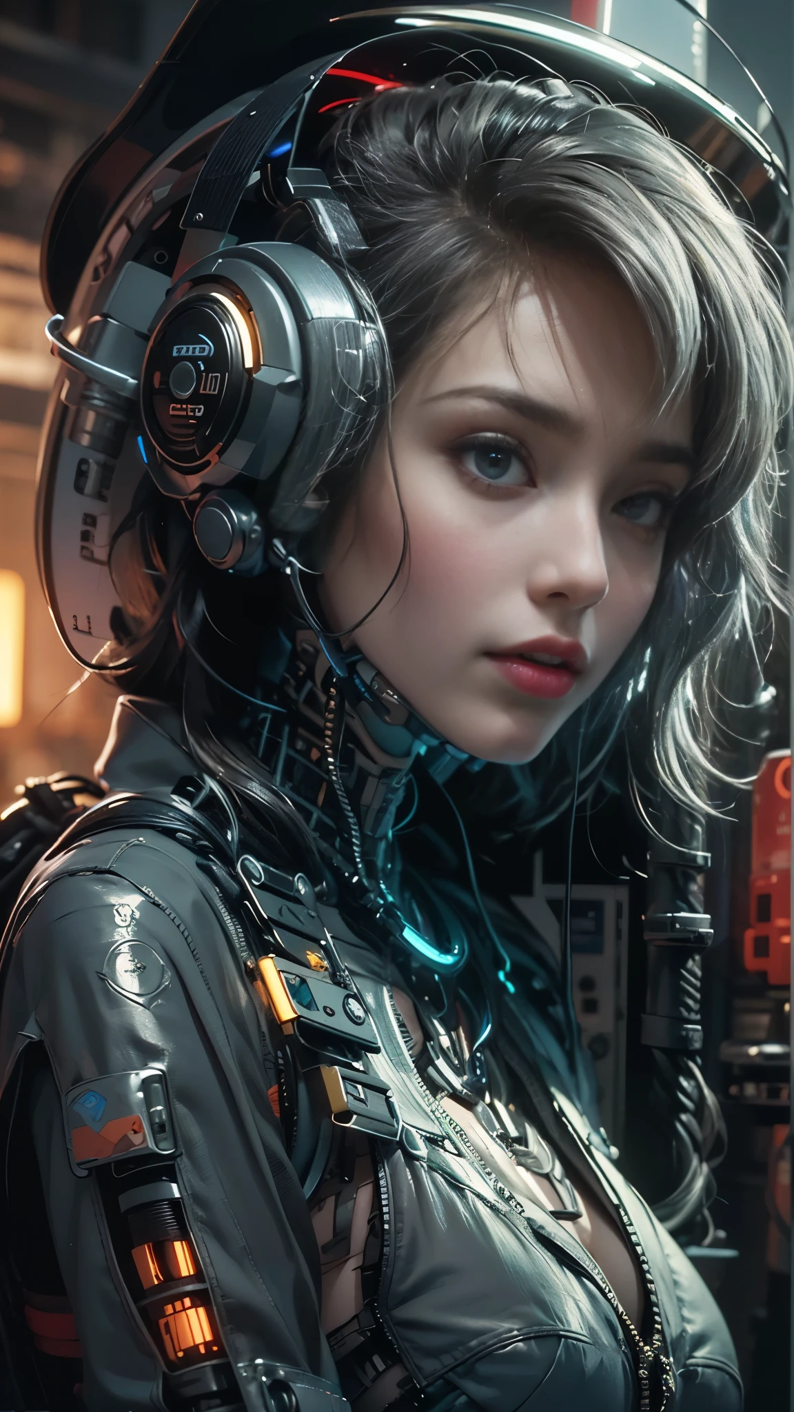 top quality, masterpiece, ultrahigh resolution, ((photorealistic: 1.4), RAW photo, 1 cyberpunk android Chica, shiny skin, (Ultra realistic details)), mechanical limbs, Tubes connected to mechanical parts, Mechanical vertebrae attached to the spine, mechanical cervical attachment to the neck, Wires and cables that connect to the head, evangelion, ((Ghost in the shell)), small bright LED lamps, global ilumination, deep shadows, Octane rendering, 8k, ultra Sharp, metal, Intricate ornamental details, baroque details, Very intricate details, Realistic light, CGSoation tendencia, in front of camera, neon details, (Android factory in the background), art by H.r. Giger and Alphonse Mucha.white hair