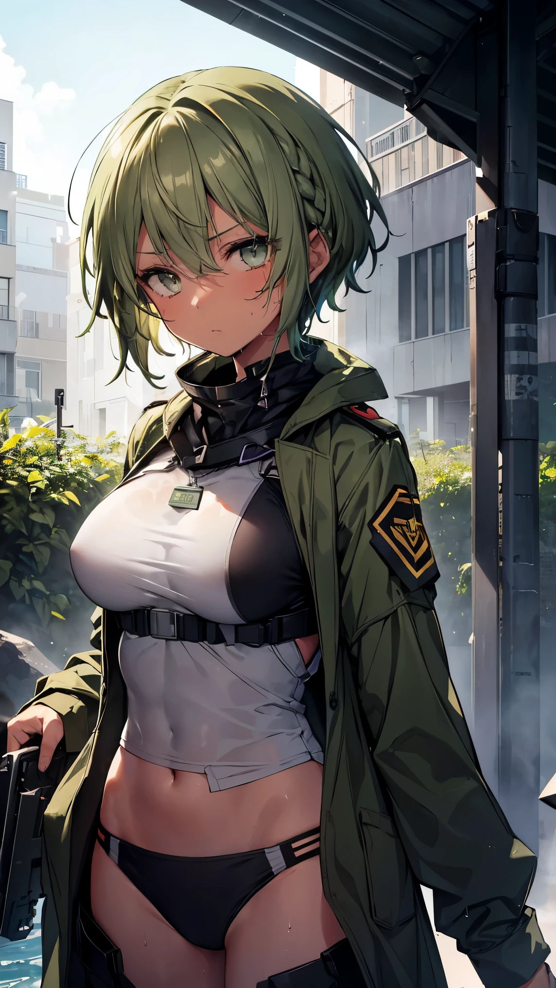 High resolution,high resolution,Girl,(Unshaven,Braiding,Dark green hair,Short Hair,),Grey Eyes,Slanted Eyes,Bad mood,Brown skin,boyish,slender,Military Suits,Soldier,battlefield,trench,Dog Tags,Helmet,Large Breasts,Wet with sweat,bandage,Swimwear,