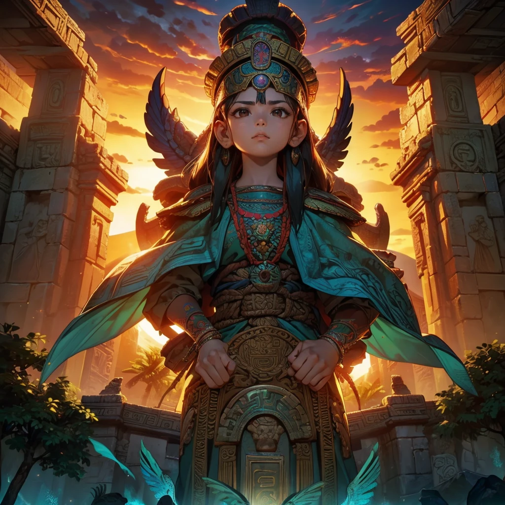 Childish, high quality、Very detailed、8Year、Mayan Aztec young priestess、Flying Feathered Serpent(Quetzalcoatl Kukulkan)Looking up at the sky and offering prayers、Chichen Itza Temple of the Sun in the Forest、mysterious、