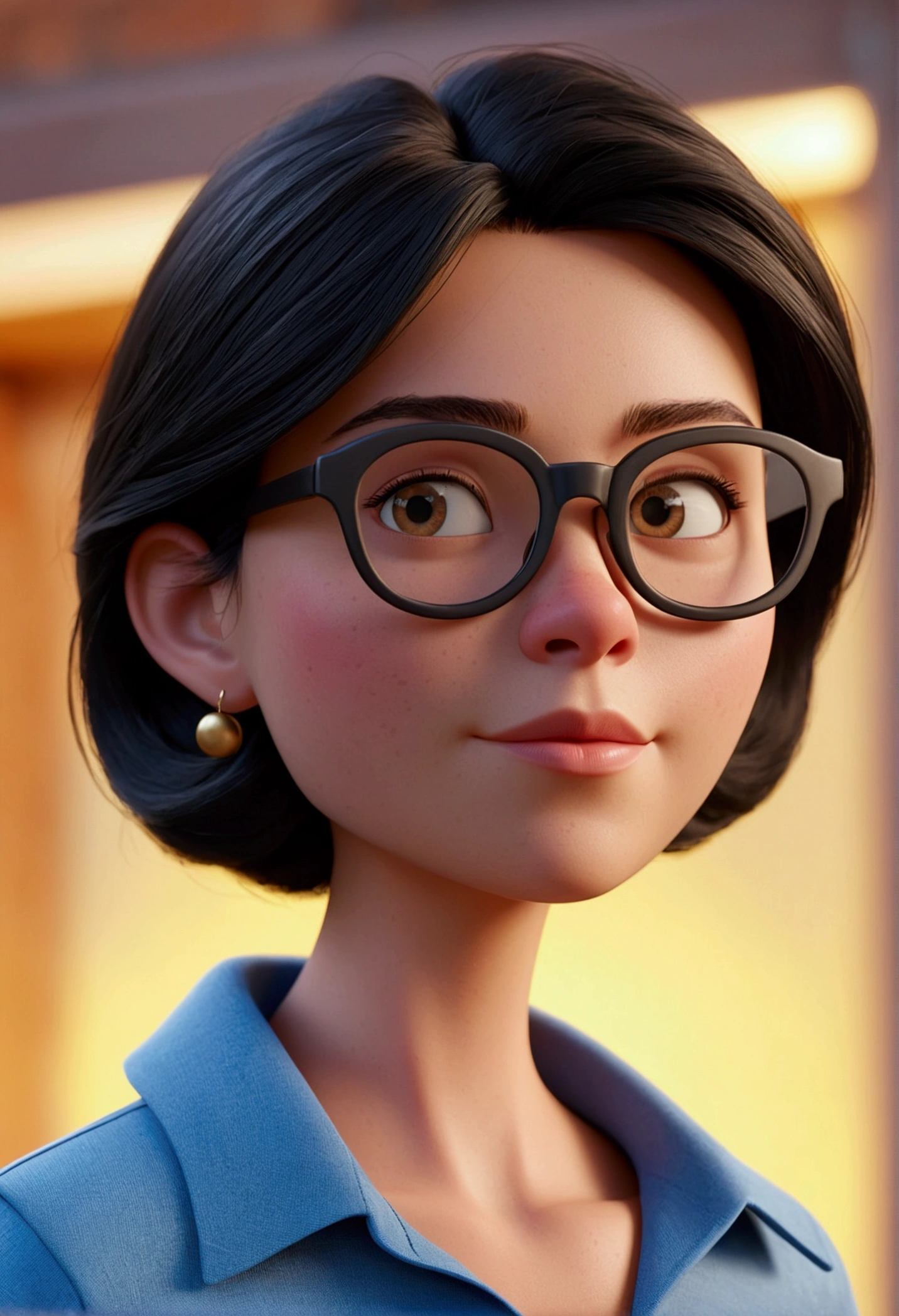 Cartoon character of a woman in black glasses and blue shirt, an animated character, stylized character, animation style rendering, 3d stylized, Arnold Maya rendering, Stylized 3D rendering, toon render screenshot, 3d character, 3d character, Stylized 3D rendering, 3D character rendering, cartoon character, Personagem de close up, character posing, (Pixar-style) (master part:1.2) (bokeh) (best qualityer) (skin detailed) (detailed texture) (8k) (Argilla) (cinematic lighting) (sharp focus，Sit down and lift your upper body