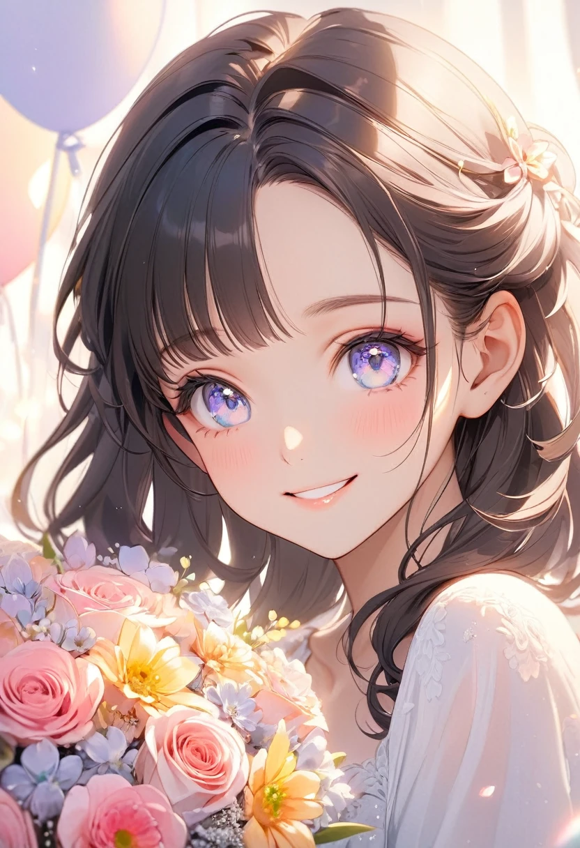 ( best quality:1.2), 1 Girl only, forehead,Solitary, Skin details, Beautiful facial features, fluffy dark hair,Exquisite makeup, Exquisite eyes, Eye detail,she is 20 years old,(((big smiling))).((pastel theme)),kindness,soft focus,white soft lighting,bouquet