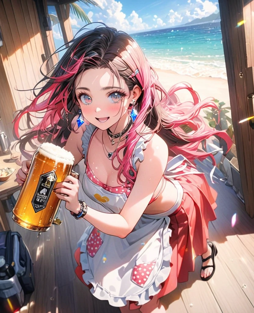 8K,gal，an extremely delicate and beautiful,Beautiful and realistic skin,Shiny jewel-like earrings,Shine like glitter long colorful hair,beautiful eyes,bikini,hot pants,apron,carry beer,full body,beach house