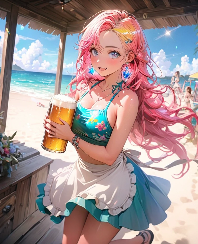 8K,gal，an extremely delicate and beautiful,Beautiful and realistic skin,Shiny jewel-like earrings,Shine like glitter long colorful hair,beautiful eyes,bikini,hot pants,apron,carry beer,full body,beach house