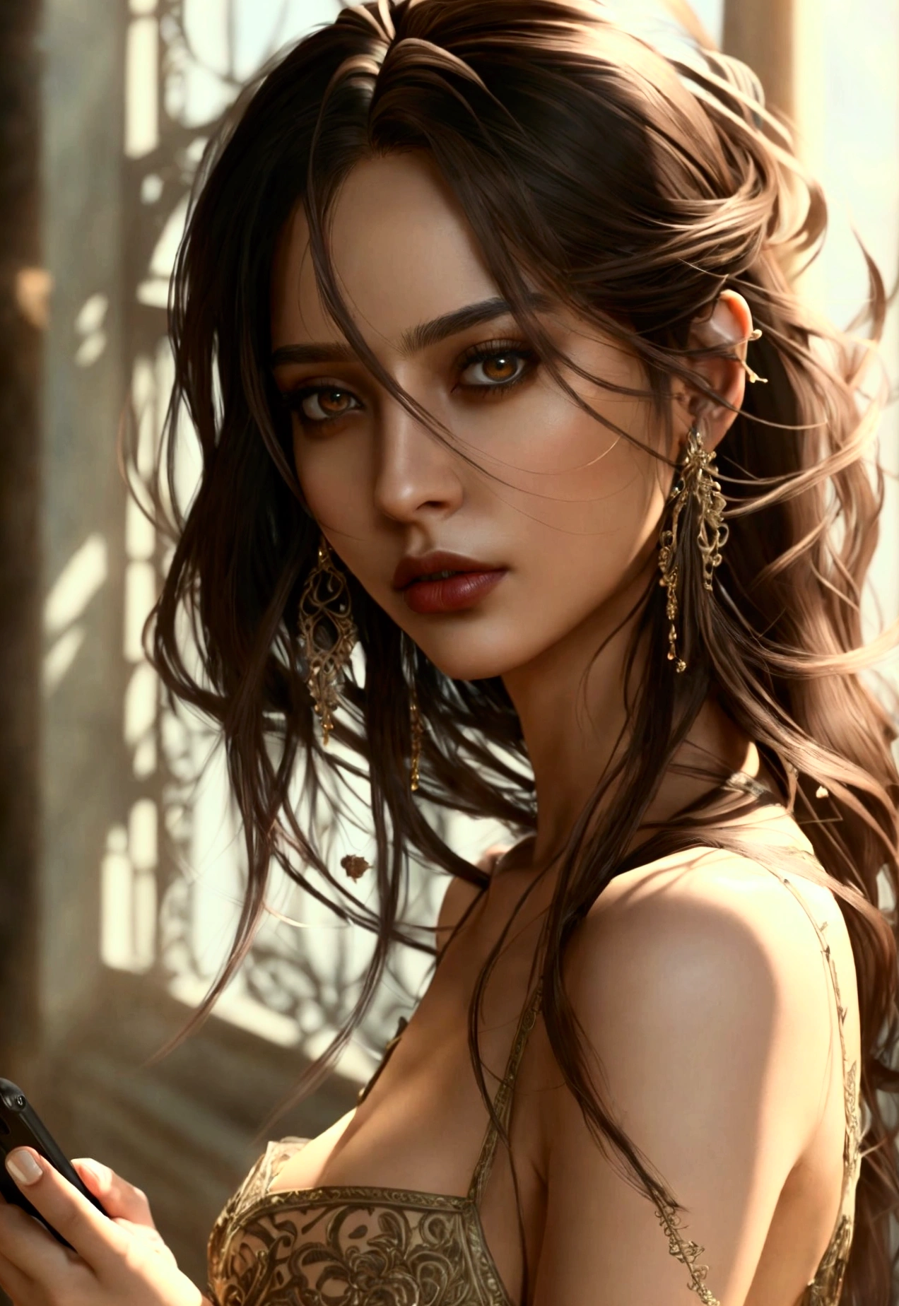 (masterpiece, high quality, best quality:1.1), fantasy style, woman, long hair, dark brown eyes, dark brown hair, lipstick, skirt, top tank, phonepose, holding cellphone, extremely detailed, extremely intricate, fine texture, Extremely high-resolution details, detailed hair, sharp focus, vibrant colors, soft lighting,