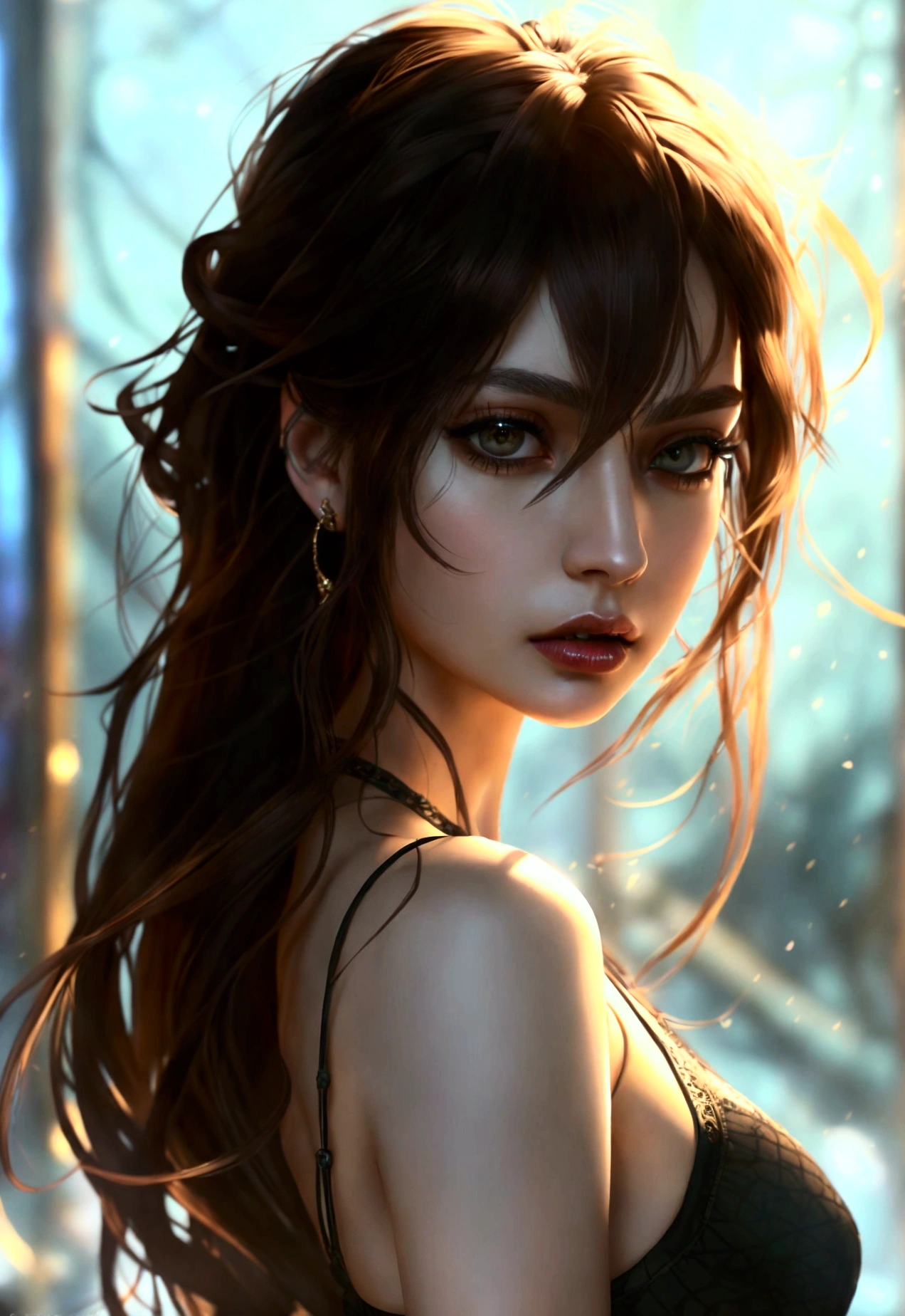 (masterpiece, high quality, best quality:1.1), fantasy style, woman, long hair, dark brown eyes, dark brown hair, lipstick, skirt, top tank, phonepose, holding cellphone, extremely detailed, extremely intricate, fine texture, Extremely high-resolution details, detailed hair, sharp focus, vibrant colors, soft lighting,