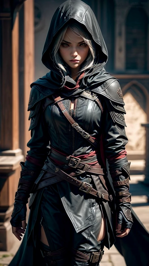 Female assassin, athletic build, realistic human anatomy, sexy, detailed facial features, weathered leather assassin outfit with hidden pockets and blades, practical combat boots, hooded cloak, short dark hair, determined expression, dynamic pose, cinematic lighting, hyperrealistic, 8k resolution, intricate textures, focus on character, no background, Artgerm style influence, exclude anime, exclude cartoon, exclude stylized, Assassin's Creed aesthetic.