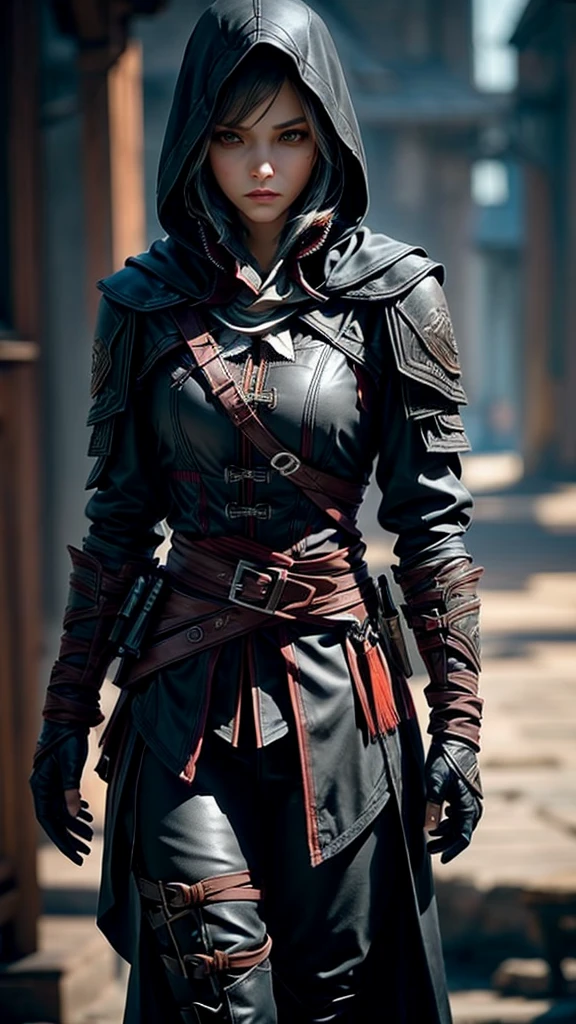 Female assassin, athletic build, realistic human anatomy, sexy, detailed facial features, weathered leather assassin outfit with hidden pockets and blades, practical combat boots, hooded cloak, short dark hair, determined expression, dynamic pose, cinematic lighting, hyperrealistic, 8k resolution, intricate textures, focus on character, no background, Artgerm style influence, exclude anime, exclude cartoon, exclude stylized, Assassin's Creed aesthetic.