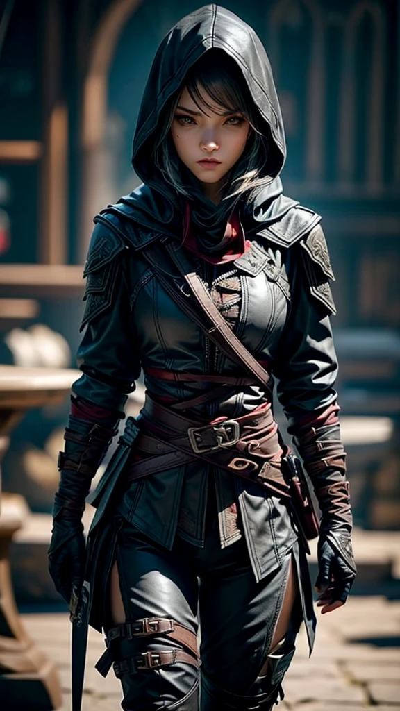 Female assassin, athletic build, realistic human anatomy, sexy, detailed facial features, weathered leather assassin outfit with hidden pockets and blades, practical combat boots, hooded cloak, short dark hair, determined expression, dynamic pose, cinematic lighting, hyperrealistic, 8k resolution, intricate textures, focus on character, no background, Artgerm style influence, exclude anime, exclude cartoon, exclude stylized, Assassin's Creed aesthetic.