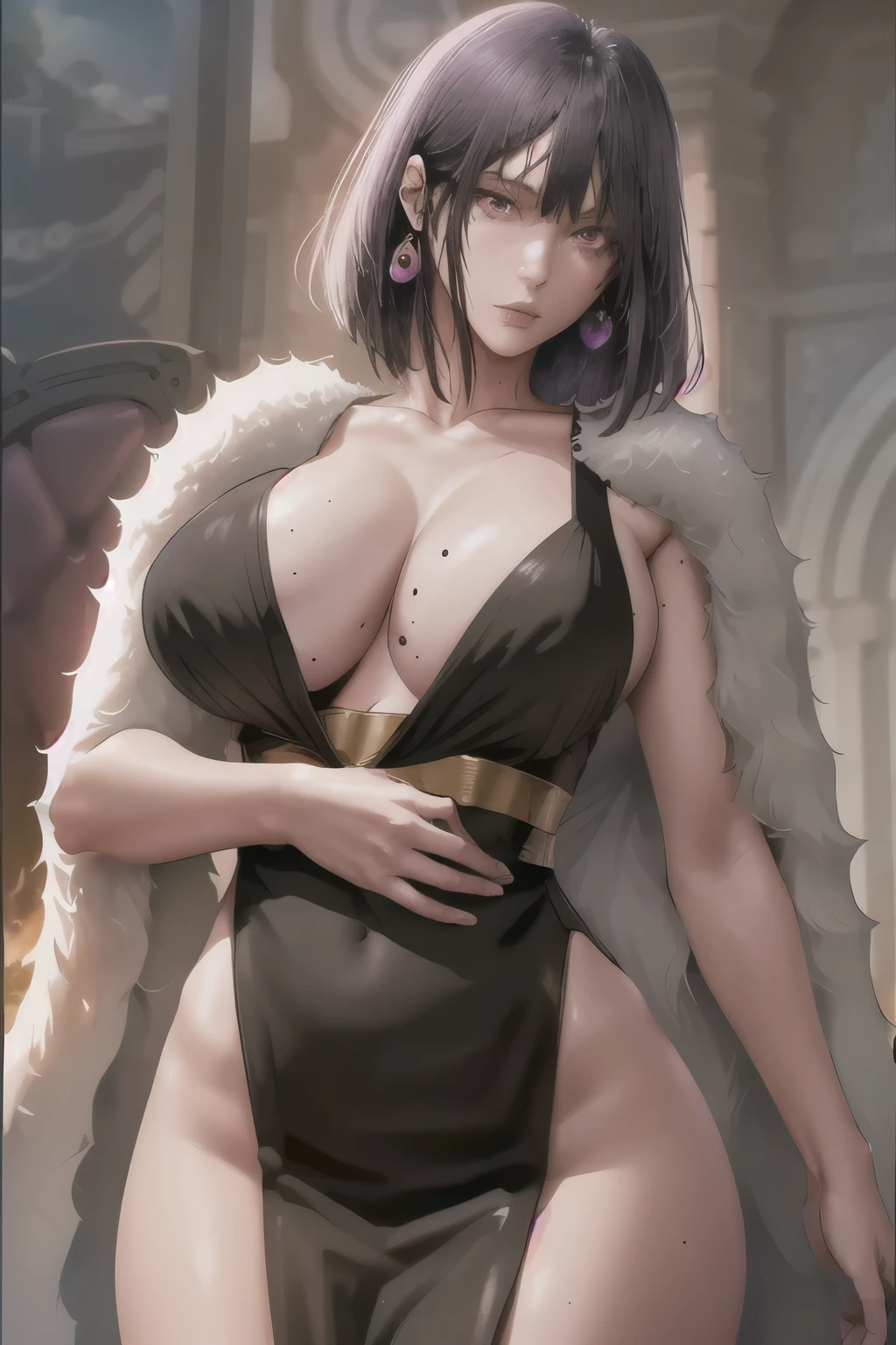 (masterpiece, best quality:1.2), solo, 1girl, arielaraven, mole, expressionless, looking at viewer, standing, purple eyes, black dress, earrings, cleavage