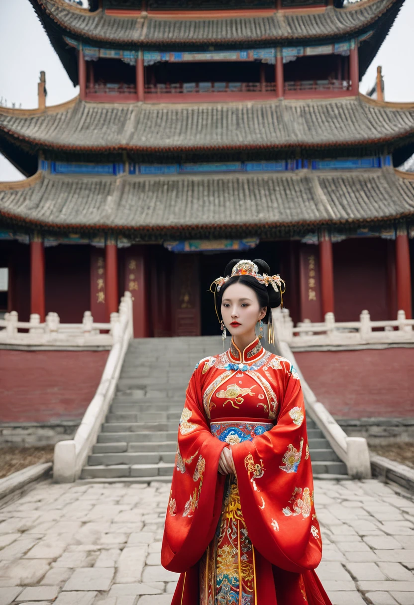 The background is a cobblestone street outside a Chinese palace in the Qing Dynasty. The empress at the Chinese court in the Qing Dynasty is wearing red Hanfu and looking from the front. Her big buttocks are covered with a naked loincloth that has been moved down to show off her big breasts. Her hair is adorned with a gorgeous Chinese empress's crown, and the back of her hair is tied up at the top.