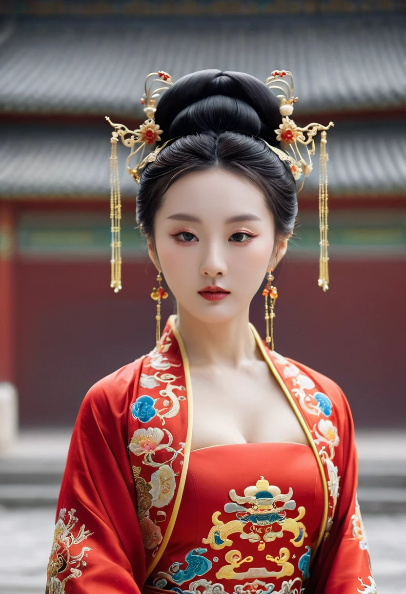 The background is a cobblestone street outside a Chinese palace in the Qing Dynasty. The empress at the Chinese court in the Qing Dynasty is wearing red Hanfu and looking from the front. Her big buttocks are covered with a naked loincloth that has been moved down to show off her big breasts. Her hair is adorned with a gorgeous Chinese empress's crown, and the back of her hair is tied up at the top.