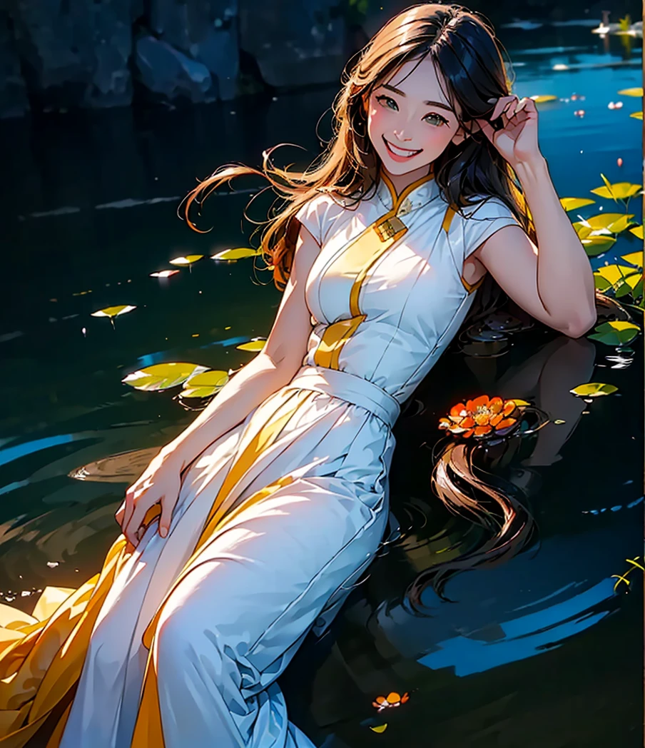 (in 8K、top-quality、masterpiece:1.2)、One woman、(Smiling smile:1.1)、beautidful eyes、Valley、The upper part of the body、length hair、Like a boy、Longhaire、Yellow view、