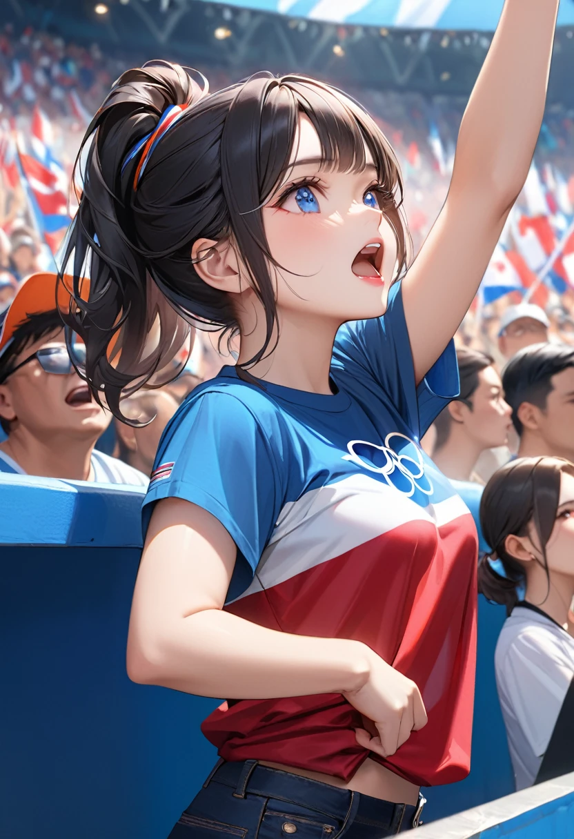 Highest quality, masterpiece, Ultra-high resolution, Realistic:1.2, RAW Photos, Intricate details, Portraiture,　Big beautiful blue eyes:1.2, Perfect contours, Girl, break　((upper body:1.2, ((side shot:1.3)), looking away:1.2)), ((petite, short, tiny girl:1.2)), Black Hair、((long heir, high ponytail:1.2)), (makeup:1.2, full lips:1.3, pink lips:1.2, shiny lips:1.2), ((Spectators cheering on the Olympics:1.2, He is wearing a T-shirt with the Olympic symbol design.:1.5), break　((Extend your elbow and raise one arm above your head:1.3)、(Angry and aggressive facial expression:1.2)、((Opening his mouth wide and shouting loudly:1.2)))、 (Audience seats in the background:1.2、A large audience々Waving the flag)、