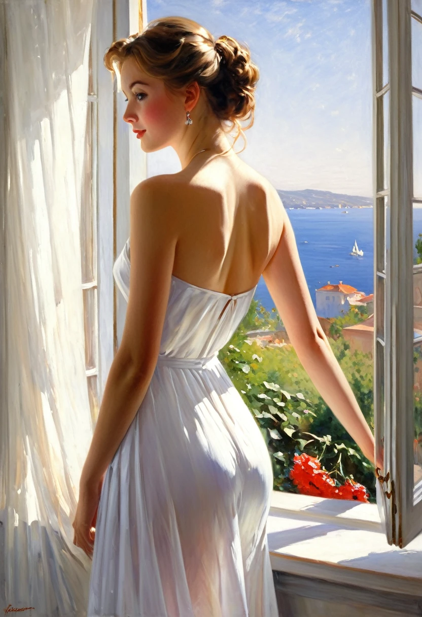 painting of a woman in a white dress looking out a window, volegov, romantic painting, summer morning light, beautiful painting, sensual painting, gorgeous woman, stunning painting, beautiful realistic painting, gorgeous painting, ( ( konstantin razumov ) ), a beautiful painting, by Vicente Romero Redondo, morning glow, vladimir volegov, in the early morning, konstantin razumov