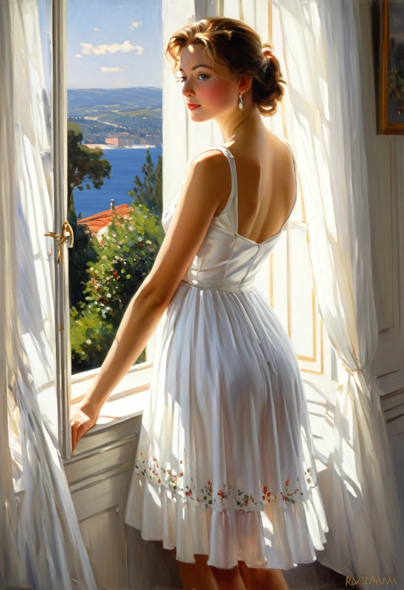 painting of a woman in a white dress looking out a window, volegov, romantic painting, summer morning light, beautiful painting, sensual painting, gorgeous woman, stunning painting, beautiful realistic painting, gorgeous painting, ( ( konstantin razumov ) ), a beautiful painting, by Vicente Romero Redondo, morning glow, vladimir volegov, in the early morning, konstantin razumov