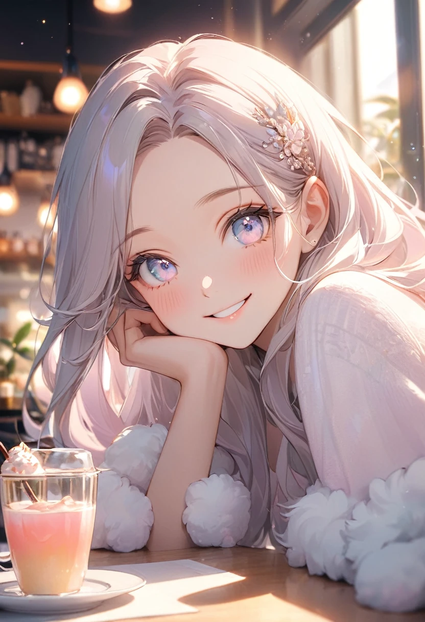 ( best quality:1.2), 1 Girl only, forehead,Solitary, Skin details, Beautiful facial features, fluffy dark long hair,Exquisite makeup, Exquisite eyes, Eye detail,she is 20 years old,(((big smiling))).((pastel theme)),kindness,soft focus,white soft lighting,drinking in the cafe