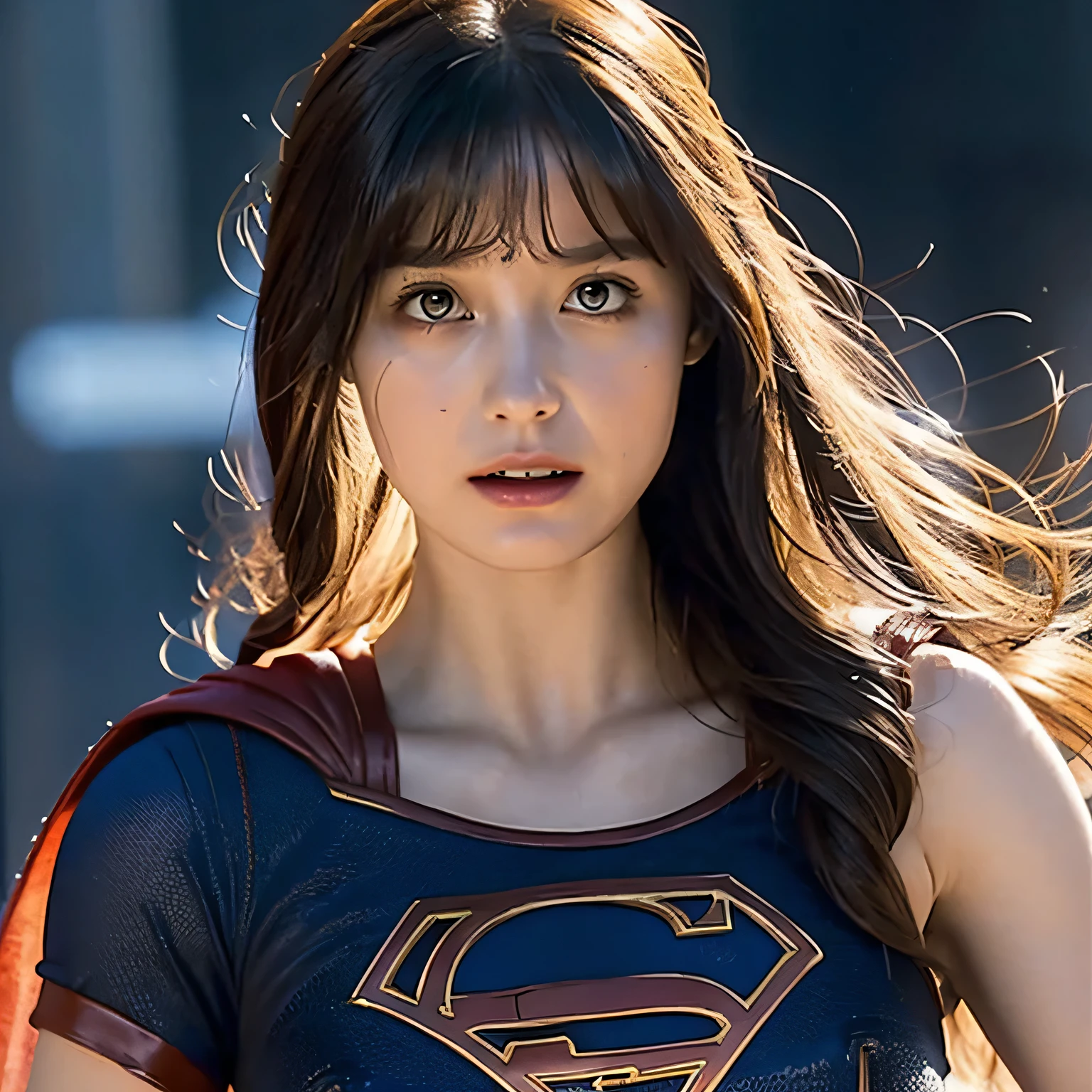 Supergirl, Beautiful Supergirl, 29 years old, Height : 152 CM, Trapped in the rubble of a building burning with hot fire, midday, supergirl tanktop costume, hair tied, hair bangs, Supergirl was sweating profusely, Supergirl had wet sweat on her chest, Supergirl had wet sweat on her head, Supergirl is shocked, Supergirl looks up, Supergirl looks scared, Supergirl screamed in pain, supergirl defeated, supergirl tanktop costume is torn, Supergirl protects many people, Supergirl fights against a giant, Supergirl is seriously injured, Supergirl falls into the rubble of a building, Supergirl was lying in the rubble of the building, sweating wet, Supergirl cried