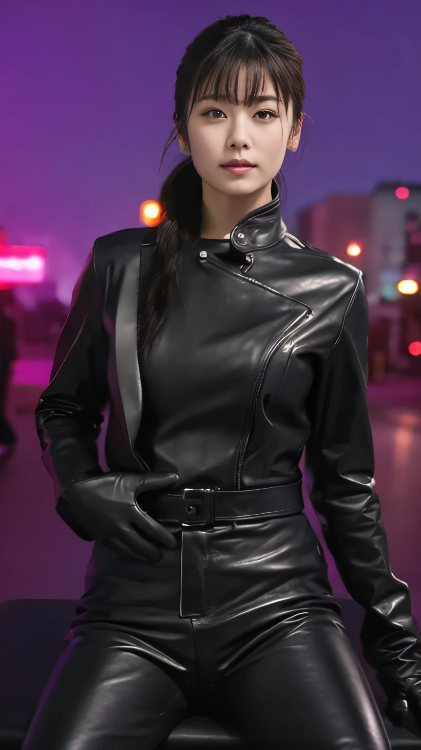 black leather rider jacket, Office in the Dark, Black leather gloved fingertips on both hands,Wearing black leather gloves,Sitting in a black leather chair、 Japanese female new recruits (Black leather gloves cover both hands) (The angle is horizontal)、Black Leather Pants,Black Leather Black Leather Pants,Black Leather Skinny Pants、Long black leather boots on both feet、Black hair ponytail ((He wears black leather gloves on his hands))Full Body Photo,full body shot full body full body leather suit,☺If you turn in this direction。Wearing black leather gloves,Wearing black leather gloves,Wearing black leather gloves,Wearing black leather gloves,Wearing black leather gloves,Wearing black leather gloves,黒のレザーパンツが美しい😍黒のレザーパンツが美しい😍黒のレザーパンツが美しい,😍Smiling while looking at me,City lights、((Neon Cyberpunk City Street:1.3))、(Neon Light)、Detailed lighting、
Best image quality、Ultra-high resolution、(realism:1.4)、Korean Beauty Star、The most beautiful KPOP stars、face、Horny Korean Makeup、A body that makes you want to touch it、Realistic leather texture、Costume made of smooth leather fabric、The drape of the curved parts of the leather fabric、The costume is very shiny、Quality of the costume、8K Photo Quality