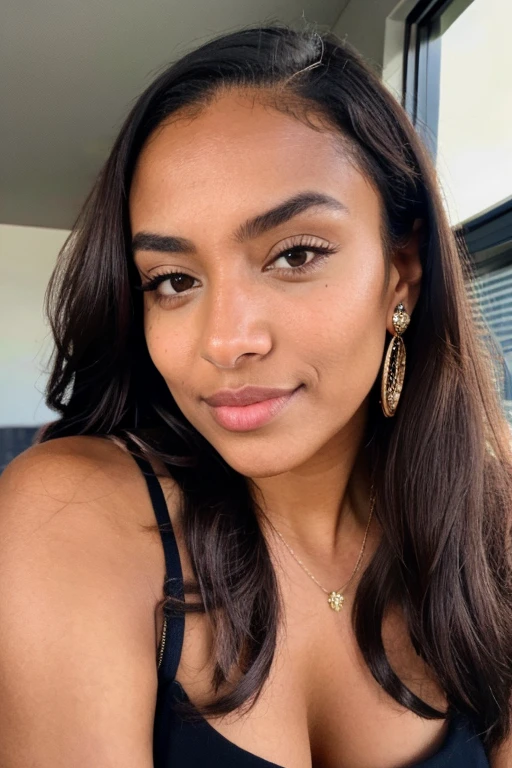 Beautiful brown skin girl with a breath taking smile is glamping on a cloudy day, she takes a selfie with a view from the top, she has ((detailed skin texture)), lifelike skin textue, ((big brown eyes)) and cute lips, petite girl wearing a glamping outfit