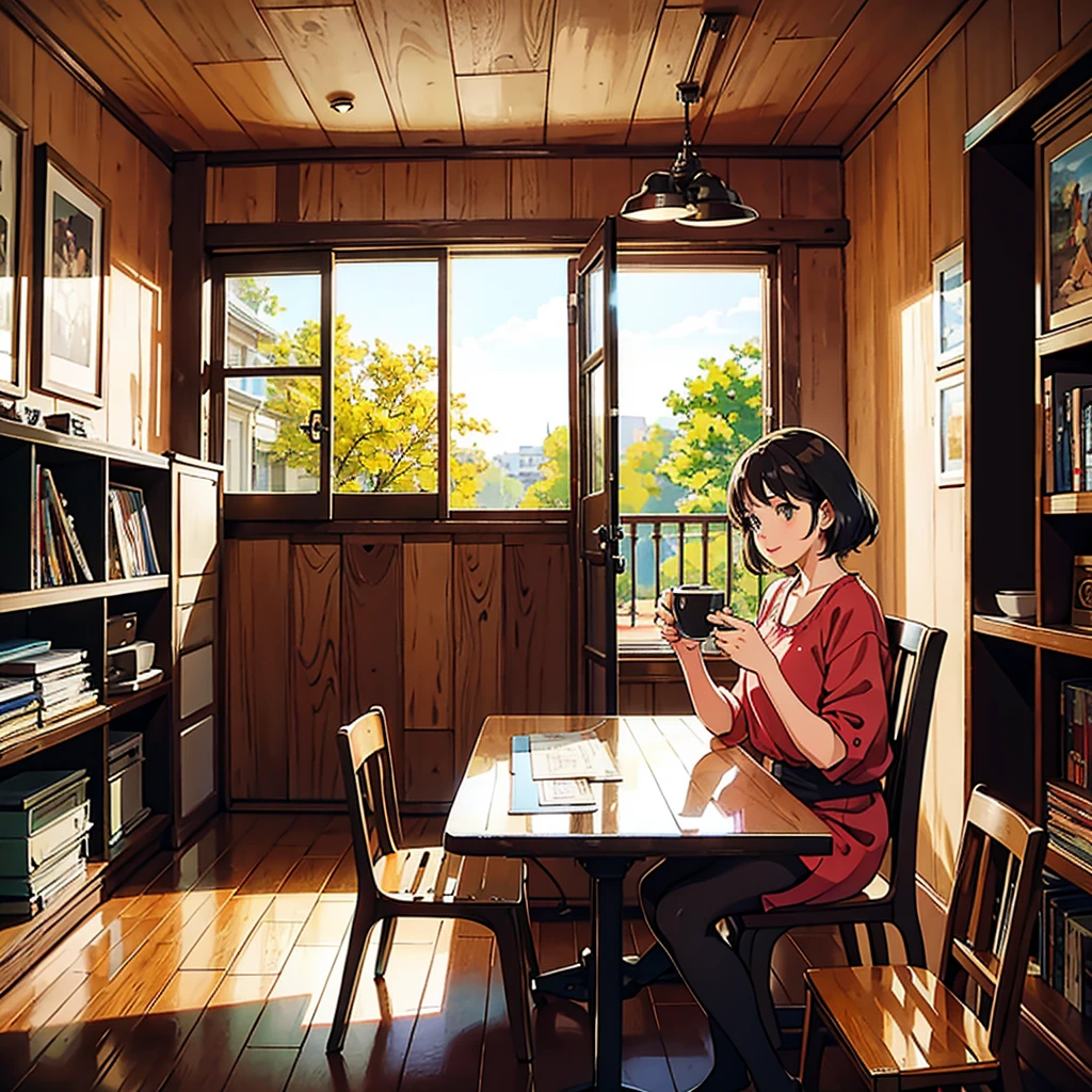 Room with records Vintage Nostalgic Woman sitting by the window Coffee