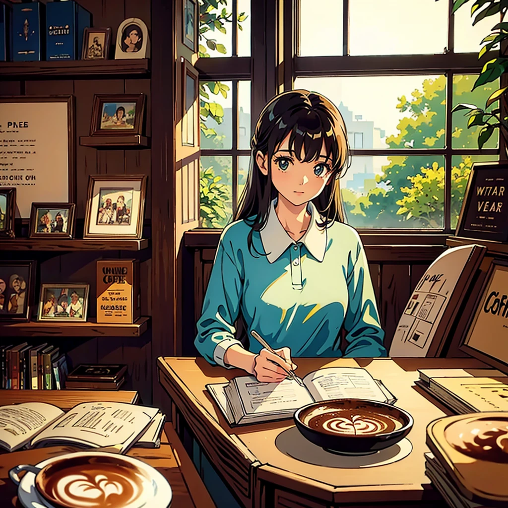 Room with records Vintage Nostalgic Woman sitting by the window Coffee