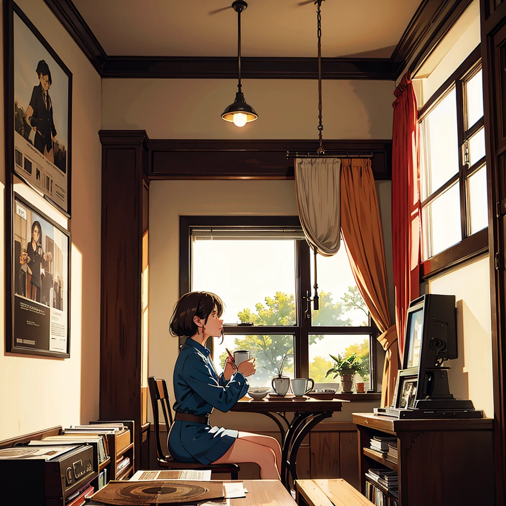 Room with records Vintage Nostalgic Woman sitting by the window Coffee