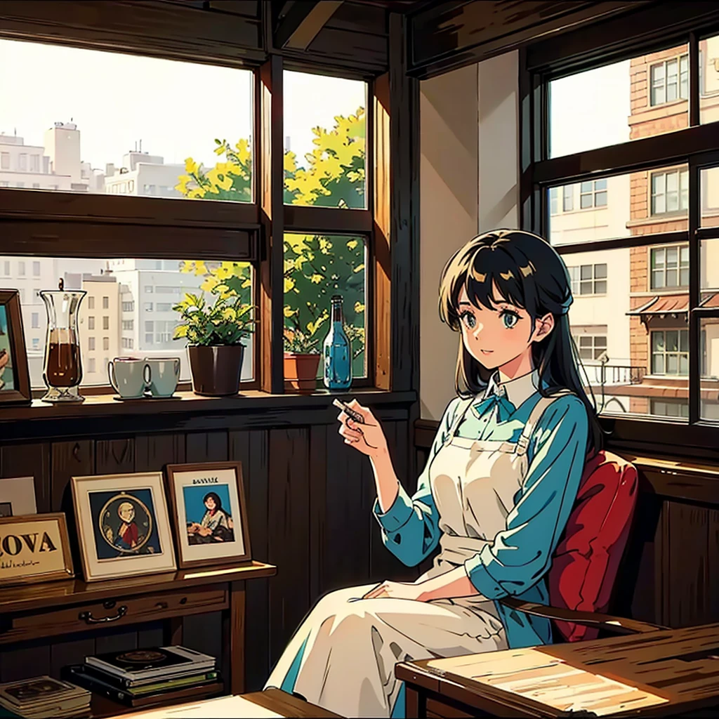 Room with records Vintage Nostalgic Woman sitting by the window Coffee