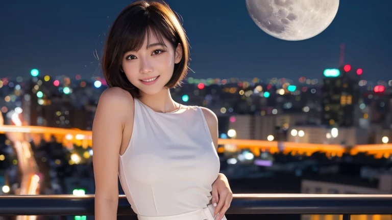 Realistic, Full body portrait, Young and beautiful woman, Attractive look, Clear double eyelids,A kind smile,20-year-old, Tokyo, Night view of Roppongi,Tokyoタワーが見える,summer, A huge full moon in the background,Short hair fluttering in the wind,