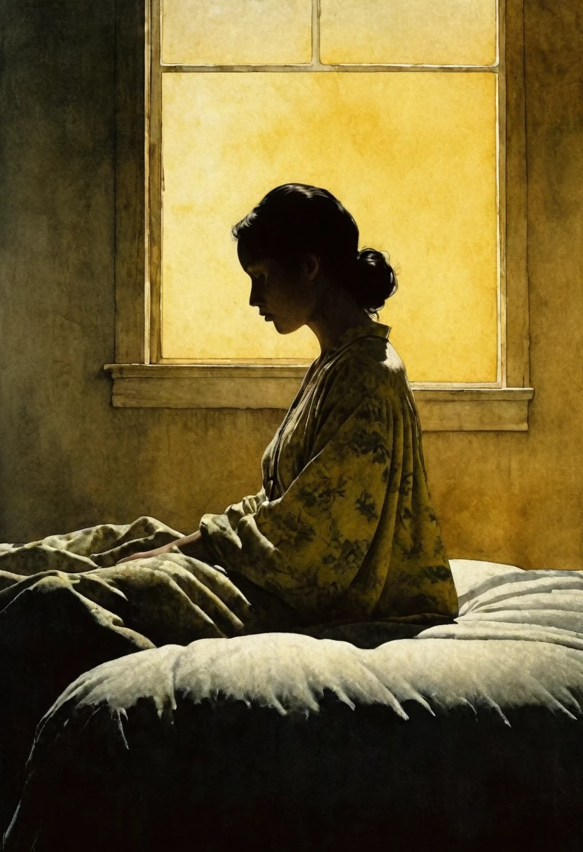 My head is waving my ears,
Like a bird with wings.
Her legs are on her neck
I can't bear to loom any longer.
A dark entity sits on my bed,
The dark essence does not let me sleep all night. The disturbing and grotesque world of Stephen Gummel. Andrew Wyeth style, Katsuhiro Otomo. A masterpiece, high quality work. Full length view. Ideal body anatomy. Digital art. Unnatural muted colors. Shadows.