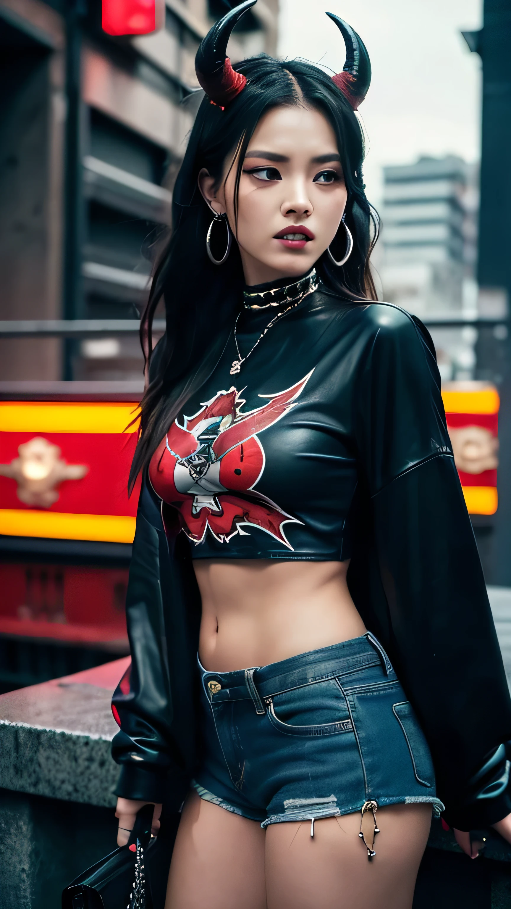 Create an ultra-realistic and intense depiction of a female Shuten-Doji, the infamous demon leader from Japanese folklore, wearing modern clothing. **Overall Appearance**: - **Height**: She stands at an imposing height, far taller than an average human, with a muscular yet elegant and powerful build that exudes strength and dominance. **Facial Features**: - **Skin**: Her skin is a vivid red, occasionally depicted in blue or black, adding to her fearsome and otherworldly appearance. - **Eyes**: Her face features large, piercing eyes that glow a malevolent red, full of rage and insanity. - **Horns**: Protruding from her forehead are large, menacing horns, symbolizing her demonic nature. - **Mouth**: Her mouth is wide, filled with sharp, jagged teeth, often smeared with blood. - **Hair**: Long, wild black hair flows down her back, whipping around as if alive. **Attire**: - **Modern Clothing**: She wears contemporary clothing that blends casual and edgy styles. A black leather jacket with silver studs and chains hangs over a dark graphic T-shirt featuring a fierce design. She pairs this with ripped jeans and combat boots, giving her a rebellious and formidable look. - **Accessories**: She is adorned with heavy chains and metal accessories around her neck and wrists, symbolizing her immense power and status. She also sports modern jewelry such as multiple earrings and a spiked choker. **Weapons and Items**: - **Iron Club**: In one hand, she wields a massive iron club, a symbol of her brute strength and dominance. - **Sake Bottle**: In the other hand, she holds a modern sake bottle, blending her traditional love of drinking with her contemporary look. **Scene**: - **Setting**: The scene is set in an urban environment, perhaps an alleyway or a city rooftop, with the neon lights of the city casting an eerie glow. Graffiti-covered walls and distant city sou
