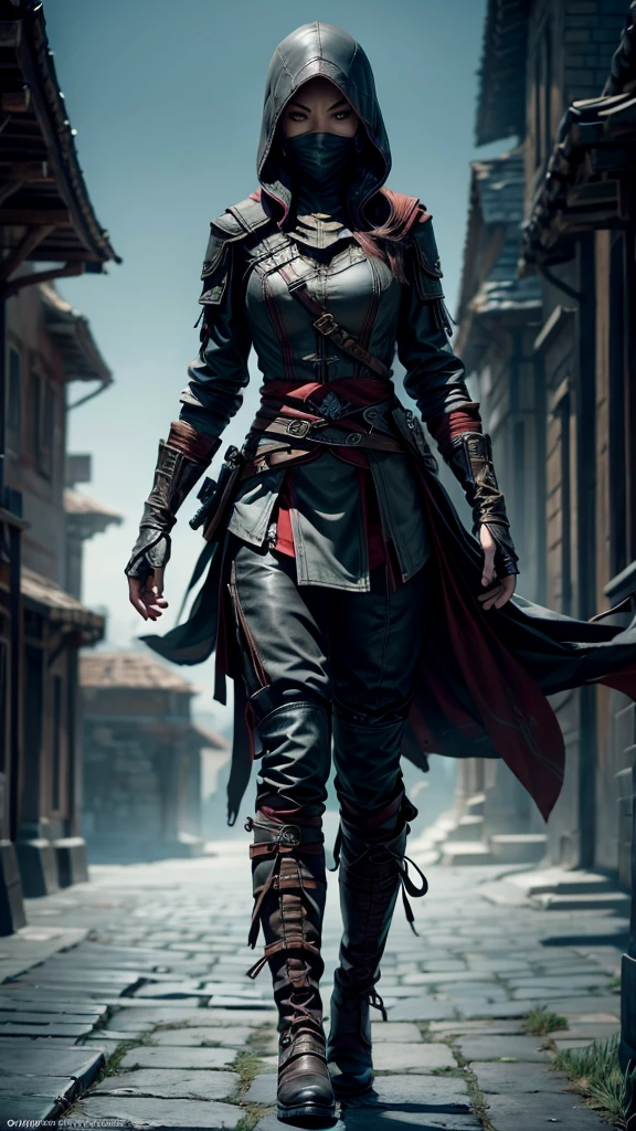 Female assassin, athletic build, realistic human anatomy, sexy, full body, detailed facial features, weathered leather assassin outfit with hidden pockets and blades, practical combat boots, hooded cloak, short dark hair, determined expression, dynamic pose, cinematic lighting, hyperrealistic, 8k resolution, intricate textures, focus on character, no background, Artgerm style influence, exclude anime, exclude cartoon, exclude stylized, Assassin's Creed aesthetic.