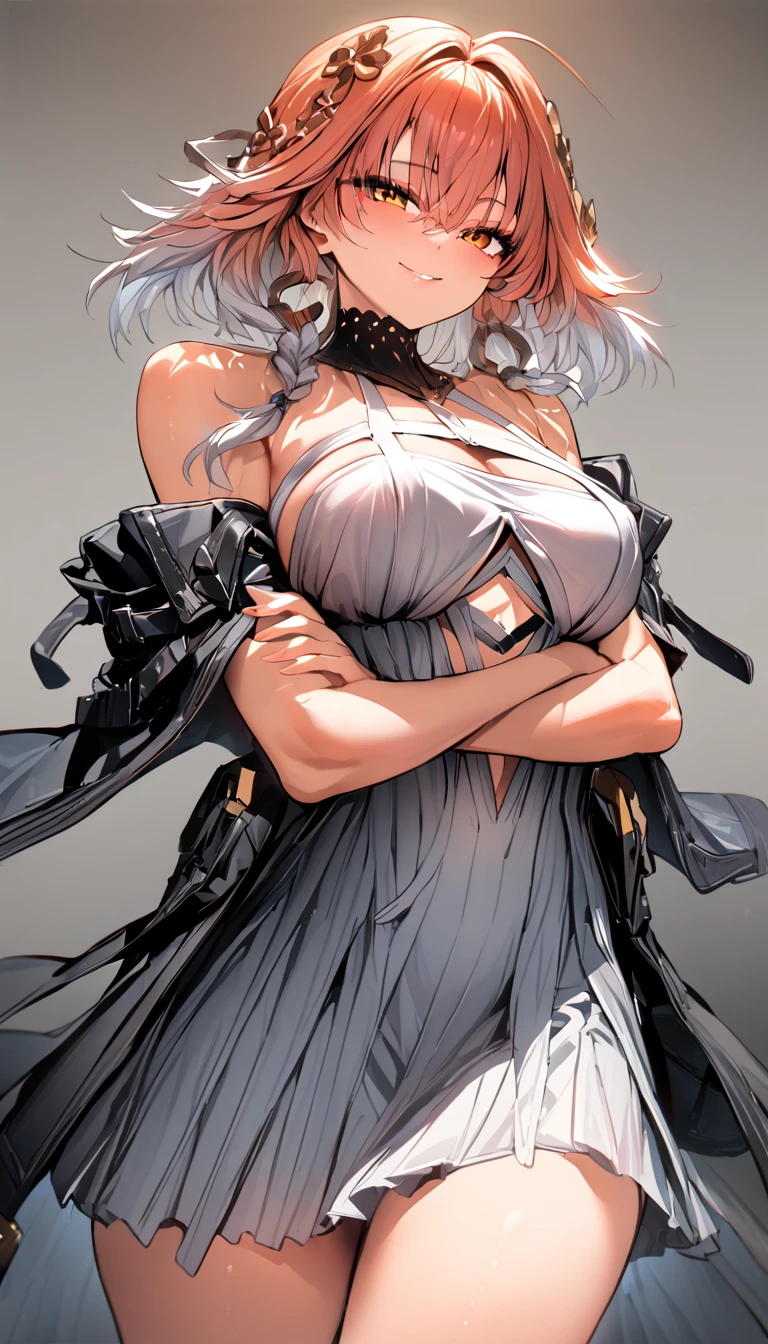 ((masterpiece)),((Highest quality)),High resolution,Perfect lighting,dusty(coming), One woman, chest, alone, Orange eyes, View your viewers, Exposing shoulders,White Dress,大きなchest, Redhead, Striped Hair, Gray Hair, Captivating smile, from the front, Cowboy Shot, Arms crossed,