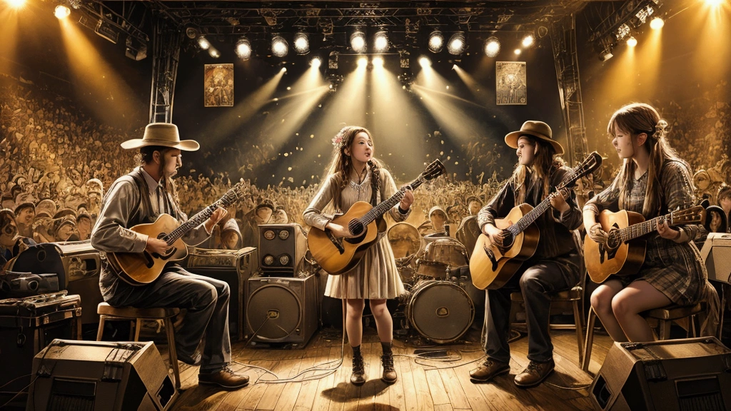 Draw a music festival poster，Bluegrass Band，Musical note elements
