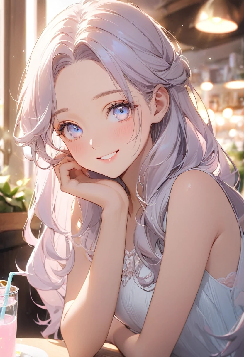 ( best quality:1.2), 1 Girl only, forehead,Solitary, Skin details, Beautiful facial features, fluffy dark long hair,Exquisite makeup, Exquisite eyes, Eye detail,she is 20 years old,no sleeves,(((big smiling))).((pastel theme)),kindness,soft focus,white soft lighting,drinking in the cafe