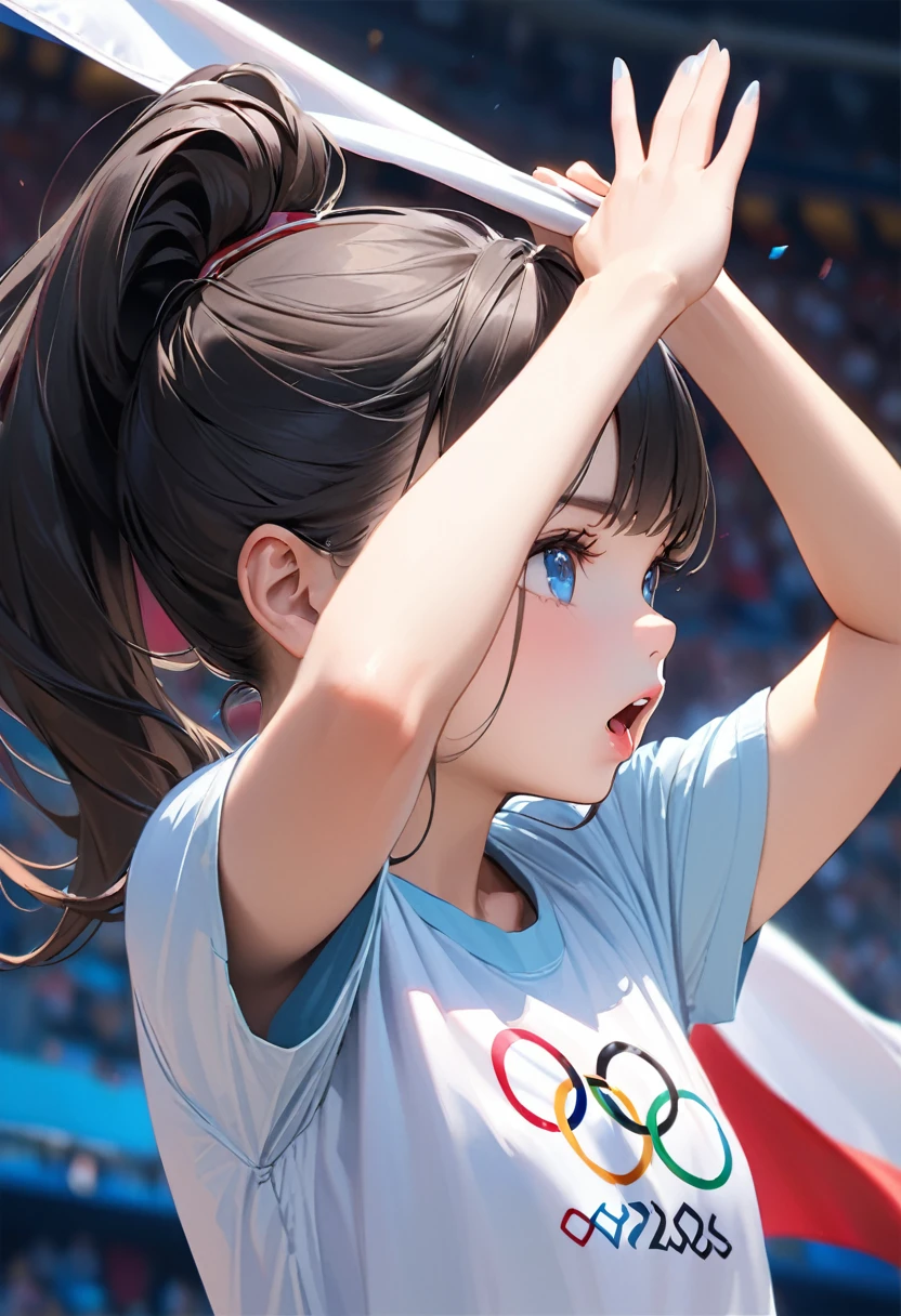 Highest quality, masterpiece, Ultra-high resolution, Realistic:1.2, RAW Photos, Intricate details, Portraiture,　Big beautiful blue eyes:1.2, Perfect contours, Girl, break　((upper body:1.2, ((side shot:1.3)), looking away:1.2)), ((petite, short, tiny girl:1.2)), Black Hair、((long heir, high ponytail:1.2)), (makeup:1.2, full lips:1.3, pink lips:1.2, shiny lips:1.2), ((Spectators cheering on the Olympics:1.2, He is wearing a T-shirt with the Olympic symbol design.:1.5), break　((Extend your elbow and raise one arm above your head:1.3)、(Angry and aggressive facial expression:1.2)、((Opening his mouth wide and shouting loudly:1.2)))、 (Audience seats in the background:1.2、A large audience々Waving the flag)、