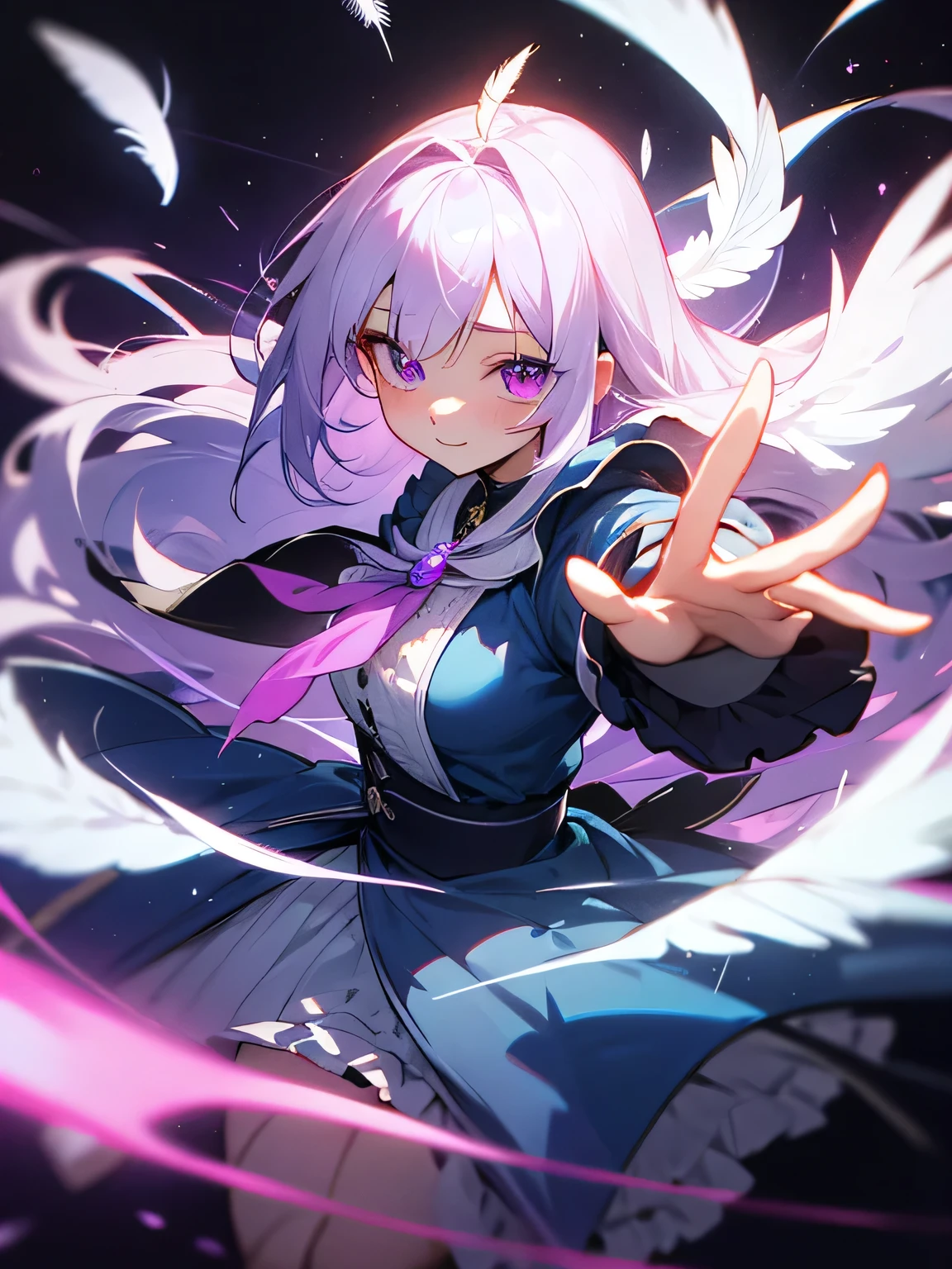 kawaii, anime, Cute, hyper quality, highly detailed, 8k, Clarity, Draw facial expressions in detail, purple eyes, white hair, long hair, highlight on eyes, Like a ghost, dark aura background, Feathers dance, wink, ta clothes, cute pose, ghost pose, light shines, aura of darkness, Blue fireballs dance, hellfire, Realm of the dead, ghost, aerial view, The expression is a wink, A bird flaps its wings in the sky, Thank you for waving, upward glance,