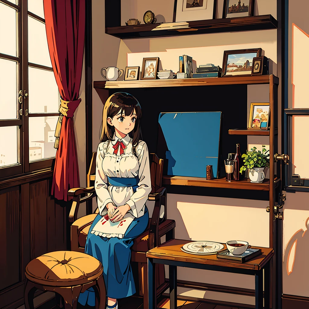 Room with records Vintage Nostalgic Woman sitting by the window Coffee Anime