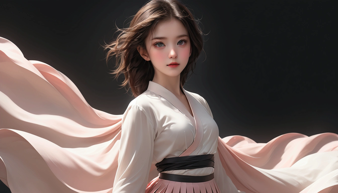 Full body portrait；Beautiful dance photography；A ，Solitary；A dancing little girlball，confidence，High and cold，happy]；[Long skirt，Long sleeve；Set，Light pink and white gradient，Traditional style，The skirt has no pattern，Long skirt下摆像花瓣布满背景,Petal pattern，The background is petals and skirt,]；[Chinese dance]，[[[Full body panorama 1.1]]]，front；Long hair in the wind,advanced sense,Fashion, Still photography, Loop video, Fascinating movement, captivating visuals, Seamless integration, Compelling storytelling, Vortex phenomenon, Angled form, Dynamic Movement, Bold Geometric Shapes, Fragment shape, sharp contrast, Influence of modernism, nature, , modern Art, Astonishing, Unreal Background, Art from (Alessio Albi:1.1), Soft lighting, happy emotion,(close up, Face Focus), (Fractal Art) Extremely detailed,The most beautiful form of chaos, elegant； Simple style；Minimalism。Panoramic photography；Depth of Field, Extraordinary details, masterpiece, high quality, 4K，cinematic lighting, motion blur, depth of field, sparkle, ray tracing, reflection light, anatomically correct, uhd, textured skin, best quality, super detail, highres, high details, accurate, high quality, award winning。