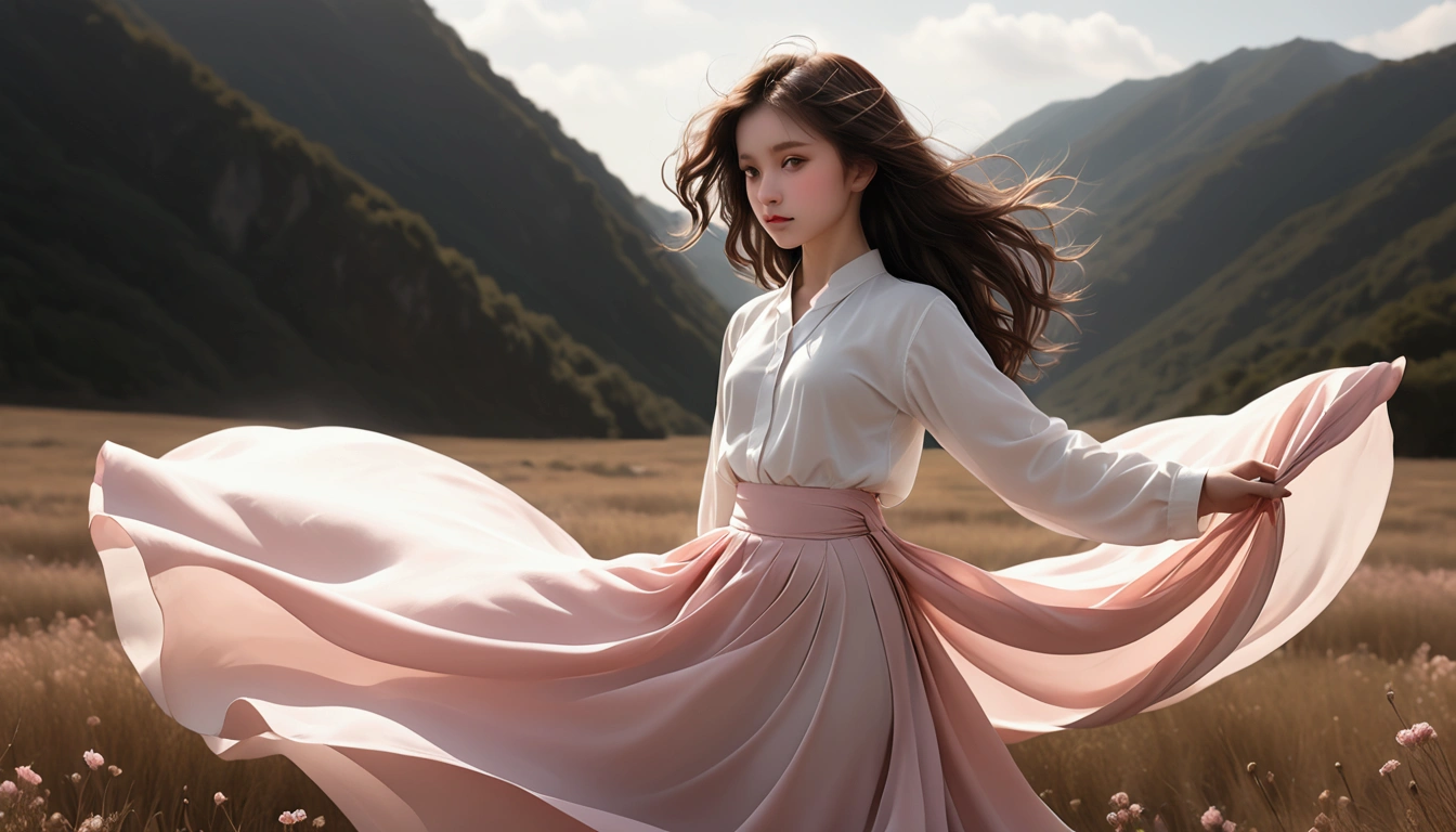 Full body portrait；Beautiful dance photography；A little girl，Solitary；A dancing little girl；[Black Eyeball，confidence，High and cold，happy]；[Long skirt，Long sleeve；Set，Light pink and white gradient，Traditional style，The skirt has no pattern，Long skirt下摆像花瓣布满背景,Petal pattern，The background is petals and skirt,]；[Chinese dance]，[[[Full body panorama 1.1]]]，front；Long hair in the wind,advanced sense,Fashion, Still photography, Loop video, Fascinating movement, captivating visuals, Seamless integration, Compelling storytelling, Vortex phenomenon, Angled form, Dynamic Movement, Bold Geometric Shapes, Fragment shape, sharp contrast, Influence of modernism, nature, , modern Art, Astonishing, Unreal Background, Art from (Alessio Albi:1.1), Soft lighting, happy emotion,(close up, Face Focus), (Fractal Art) Extremely detailed,The most beautiful form of chaos, elegant； Simple style；Minimalism。Panoramic photography；Depth of Field, Extraordinary details, masterpiece, high quality, 4K，cinematic lighting, motion blur, depth of field, sparkle, ray tracing, reflection light, anatomically correct, uhd, textured skin, best quality, super detail, highres, high details, accurate, high quality, award winning。