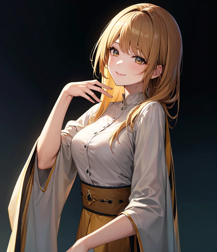 (in 8K、top-quality、masterpiece:1.2)、One woman、(Smiling smile:1.1)、beautidful eyes、Valley、The upper part of the body、length hair、Like a boy、Longhaire、Yellow view、