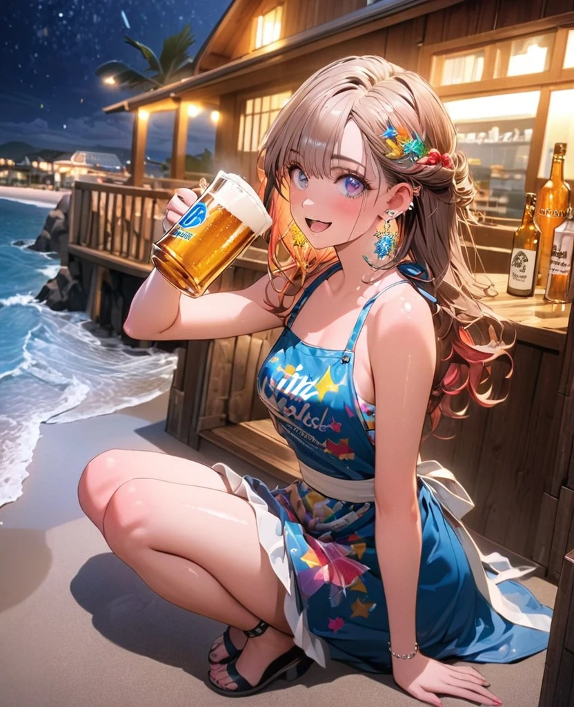 8K,gal,an extremely delicate and beautiful,Beautiful and realistic skin,Shiny jewel-like earrings,Shine like glitter colorful hair,beautiful eyes,bikini,hot pants,apron,carry beer,full body,beach house,night
