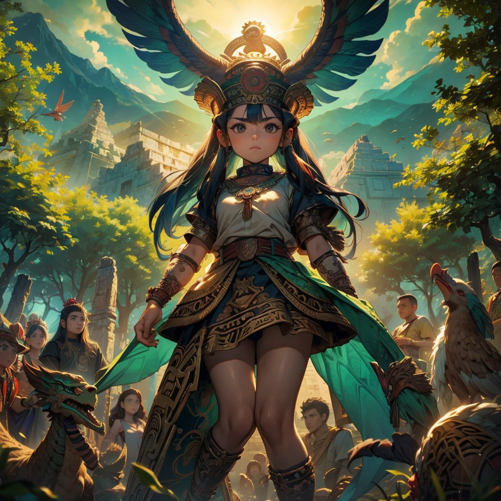Childish,  high quality、Very detailed、８Year、Mayan Aztec young priestess、Flying Feathered Serpent（Quetzalcoatl Kukulkan）Looking up at the sky and offering prayers、Chichen Itza Temple of the Sun in the Forest、mysterious、