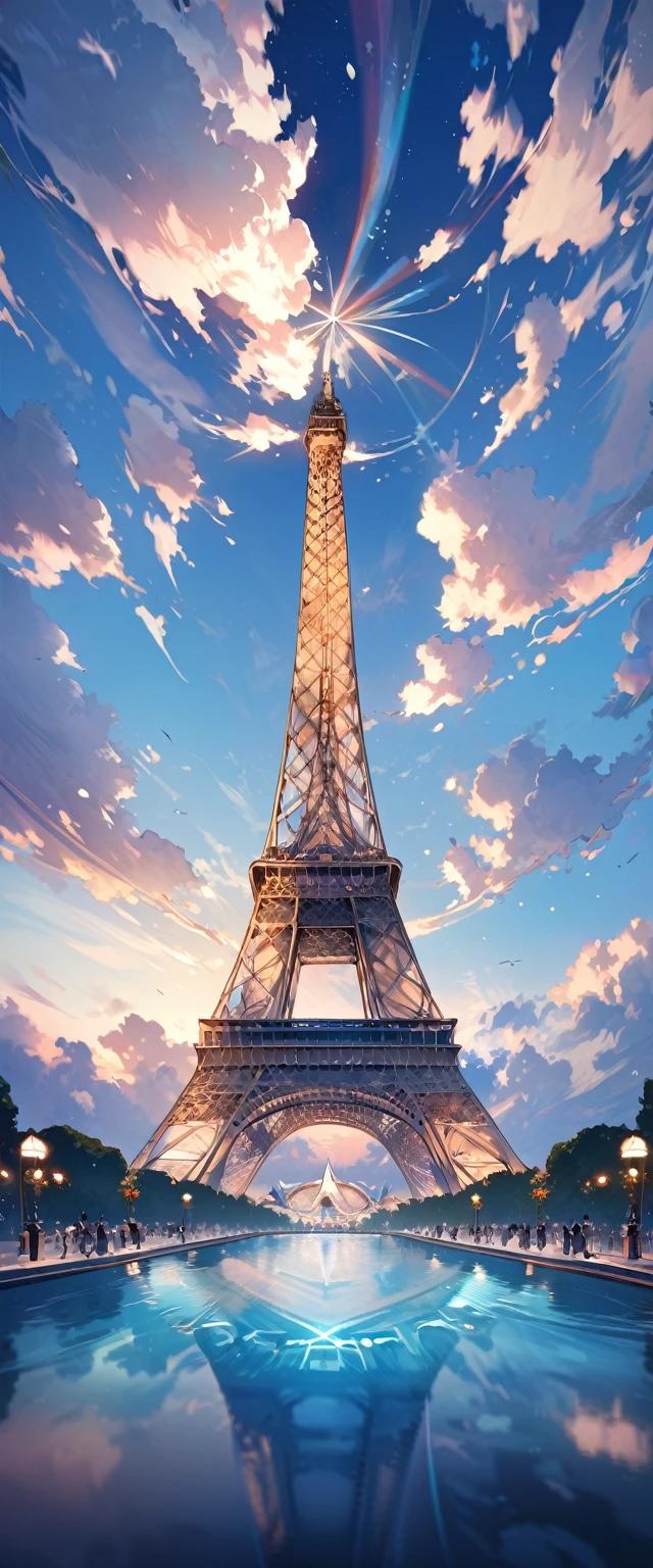 Highest quality, Great quality, 16K, Unbelievably absurd, Very detailed, 2.5D, delicate and dynamic, paris, , blue sky,, The Olympic symbol in the sky