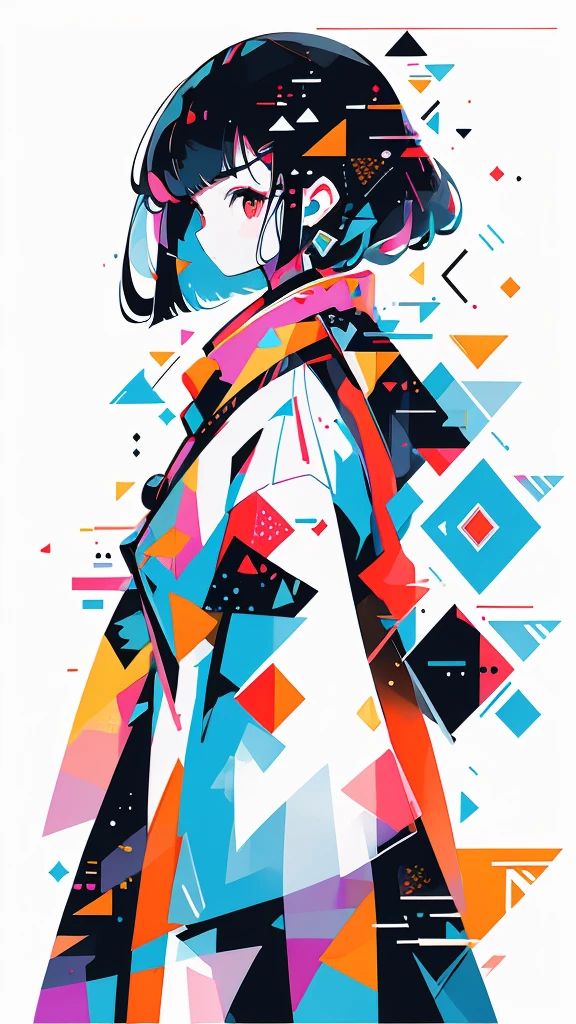 (masterpiece, top quality, best quality, official art, beautiful and aesthetic:1.2), 1girl immersed in a world of glitch art, (digital distortion:1.1), pixels fragmented and scattered, data corruption creating unique patterns, colorful noise adding an element of visual chaos, contemporary aesthetics engulfing her entire being. The girl's expression reflects a sense of fascination and wonder, as she explores this abstract universe that surrounds her. The background is a blend of vibrant colors, each hue melding seamlessly into the next, creating a mesmerizing effect. The lines and shapes within the image appear sharp and defined despite the digital distortion, show